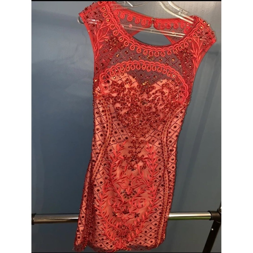 Val Stefani Red Beaded Formal Gown, Size 4.‎